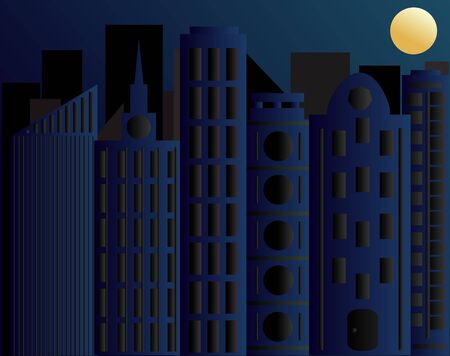 Abstract vector silhouette of the city at night with moon on the dark blue backgroundのイラスト素材