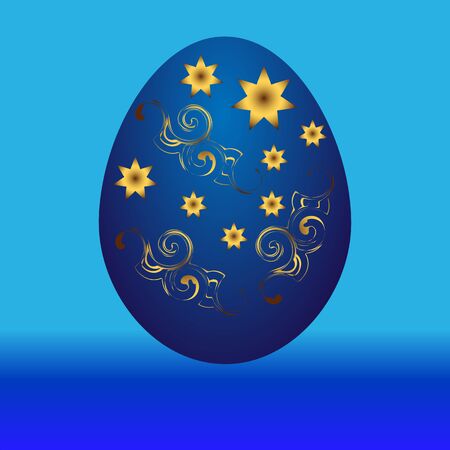Easter egg blue with a gold pattern on a blue background. Vector illustration.のイラスト素材