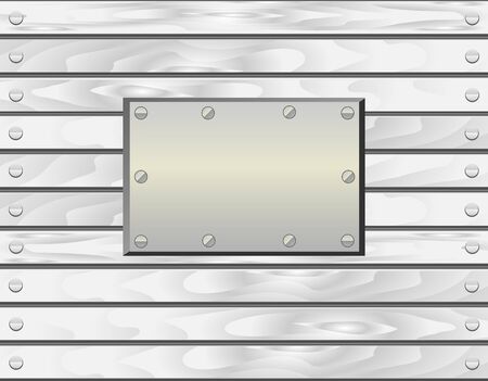 Wood texture background of white painted boards with nails and metal plate for text. Realistic vector illustration.のイラスト素材