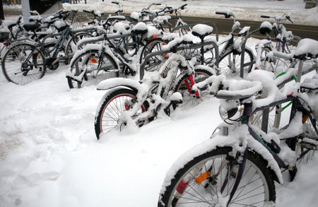 Bicycles covered with snow in winterのeditorial素材