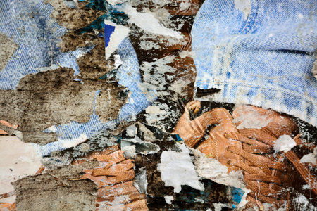 Colorful torn posters on grunge old walls as creative and abstract background