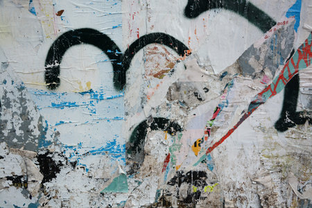 Colorful torn posters on grunge old walls as creative and abstract background