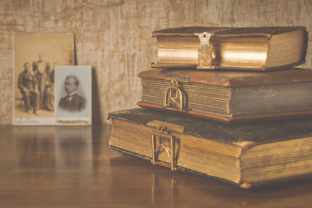 Albums for photos and old photos in the background
