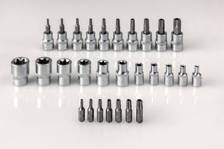 set of nozzles for professional automotive tool on gray backgroundの写真素材