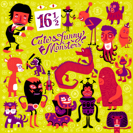 set of sixteen and a half cute and funny monsters, sweet characters, doodles and creatures  Author s illustrationのイラスト素材
