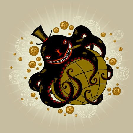 Globalism: octopus exciting the World. Corporations and their impact on the world.のイラスト素材