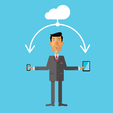 Businessman using cloud storage for smartphone and tablet. Vector illustration in flat design style.のイラスト素材