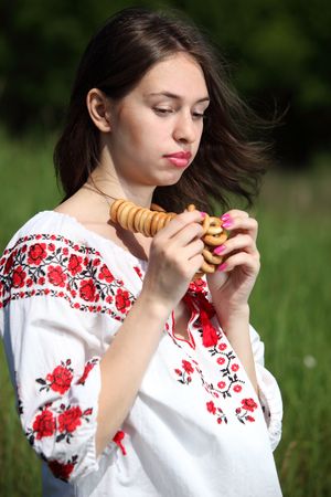 Attractive ukrainian women in the traditional clothesの写真素材