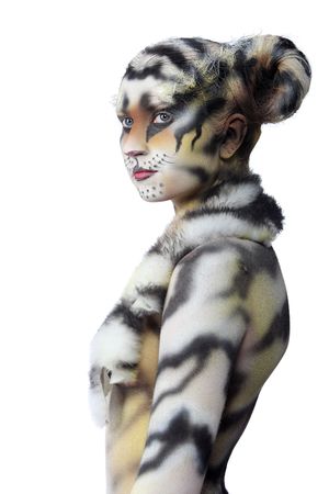Body-art: White tigress. Studio shot.の写真素材