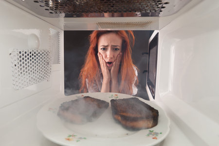 Young girl burn toasts in a microwave