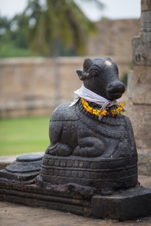 Stone statue of a cow in Indian temple. State of Tamil Nadu.の写真素材