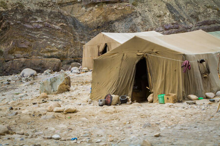 Canvas tent of Indian workers in the Himalayasの写真素材