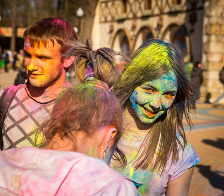 KHARKIV, UKRAINE-MARCH 22: Holi celebrations on March 22, 2014 in Kharkiv, Ukraine. Celebrating the Indian festival of colors and spring Holi in Gorky Parkのeditorial素材