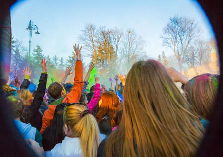 KHARKIV, UKRAINE-MARCH 22: Holi celebrations on March 22, 2014 in Kharkiv, Ukraine. Celebrating the Indian festival of colors and spring Holi in Gorky Parkのeditorial素材