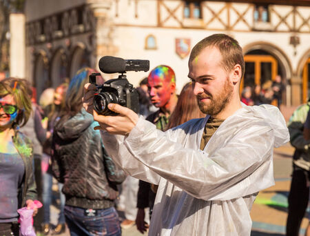 KHARKIV, UKRAINE-MARCH 22: Holi celebrations on March 22, 2014 in Kharkiv, Ukraine. Celebrating the Indian festival of colors and spring Holi in Gorky Parkのeditorial素材