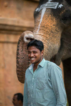 CHENNAI, INDIA-FEBRUARY 13: Blessing from elephant of India on February 13, 2013 in Chennai, India. Indian ritual blessing of the bishop.のeditorial素材