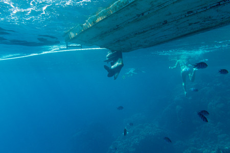 Ship in the Red Sea shot from the waterの写真素材