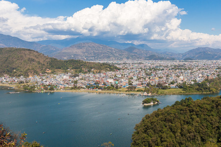 View of the city of Pokhara and Phewa Lake from a heightの写真素材