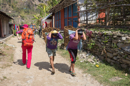 NARCHYANG, NEPAL-MARCH 18: Himalayas people 18, 2015 in Narchyang, Nepal. People on the track to the Annapurna Base Camp.のeditorial素材
