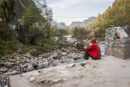 NARCHYANG, NEPAL-MARCH 18: Himalayas people 18, 2015 in Narchyang, Nepal. People on the track to the Annapurna Base Camp.のeditorial素材