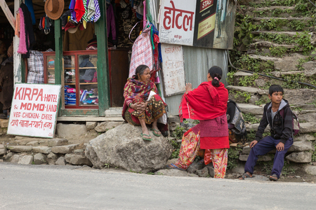 NARCHYANG, NEPAL-MARCH 18: Himalayas people 18, 2015 in Narchyang, Nepal. People on the track to the Annapurna Base Camp.のeditorial素材
