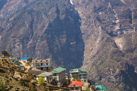 NAMCHE BAZAAR, NEPAL-APRIL 28: Panorama of the city 28, 2016 in Namche Bazaar, Panorama of the city.のeditorial素材