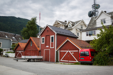 SOGNDAL, NORWAY-JULY 14: Wood house July 14, 2016 in Sogndal, Norway. Norway houses.のeditorial素材