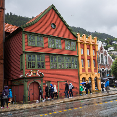BERGEN, NORWAY-JULY 16: Streets of Bergen 16, 2016 in Bergen, Norway. A street of Bergen at rainy summer day.のeditorial素材