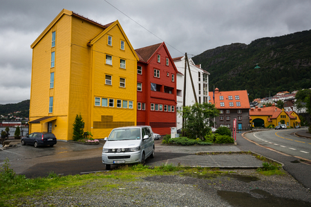 BERGEN, NORWAY-JULY 16: Streets of Bergen 16, 2016 in Bergen, Norway. A street of Bergen at rainy summer day.のeditorial素材