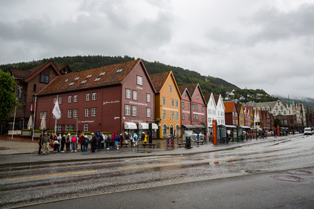 BERGEN, NORWAY-JULY 16: Streets of Bergen 16, 2016 in Bergen, Norway. A street of Bergen at rainy summer day.のeditorial素材