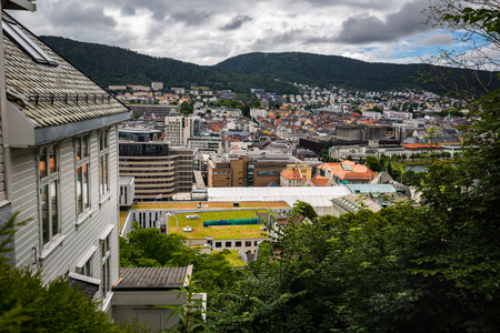 BERGEN, NORWAY-JULY 15: Streets of Bergen 15, 2016 in Bergen, Norway. A street of Bergen at rainy summer day.のeditorial素材