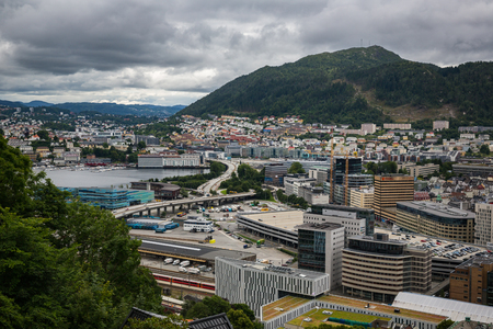 BERGEN, NORWAY-JULY 15: Streets of Bergen 15, 2016 in Bergen, Norway. A street of Bergen at rainy summer day.のeditorial素材