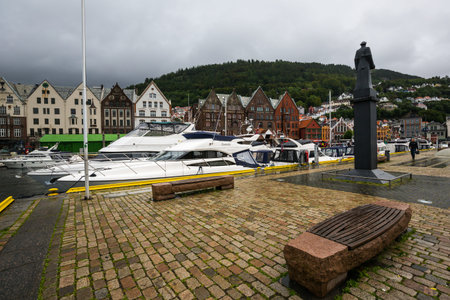 BERGEN, NORWAY-JULY 16: Ship on Bryggen 16, 2016 in Bergen, Norway. The ship on the quay Bryggen in Bergen.のeditorial素材