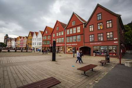 BERGEN, NORWAY-JULY 15: Streets of Bergen 15, 2016 in Bergen, Norway. A street of Bergen at rainy summer day.のeditorial素材