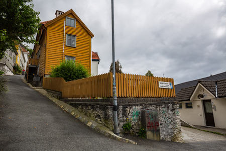 BERGEN, NORWAY-JULY 15: Streets of Bergen 15, 2016 in Bergen, Norway. A street of Bergen at rainy summer day.のeditorial素材