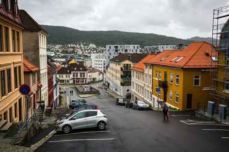 BERGEN, NORWAY-JULY 16: Streets of Bergen 16, 2016 in Bergen, Norway. A street of Bergen at rainy summer day.のeditorial素材