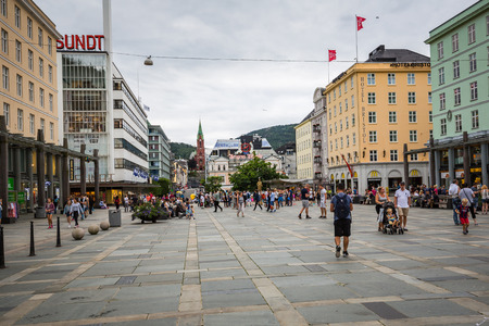 BERGEN, NORWAY-JULY 21: Streets of Bergen 21, 2016 in Bergen, Norway. A street of Bergen at rainy summer day.のeditorial素材