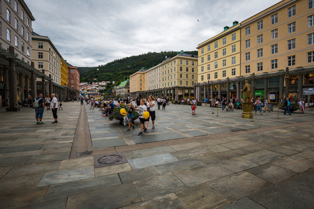 BERGEN, NORWAY-JULY 21: Streets of Bergen 21, 2016 in Bergen, Norway. A street of Bergen at rainy summer day.のeditorial素材