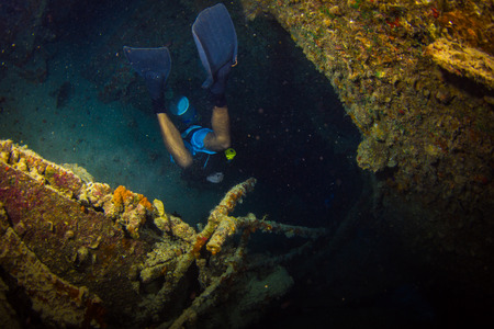 Diver on British military transport ship sunk during World War IIの写真素材
