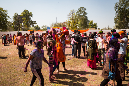 AGRA, INDIA-MARCH 2: Holi celebration on March 2, 2018 in Agra, India. People at celebration of Holiのeditorial素材