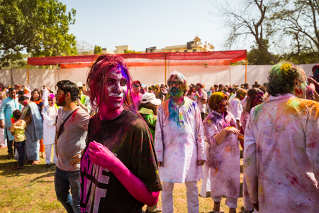 AGRA, INDIA-MARCH 2: Holi celebration on March 2, 2018 in Agra, India. People at celebration of Holiのeditorial素材