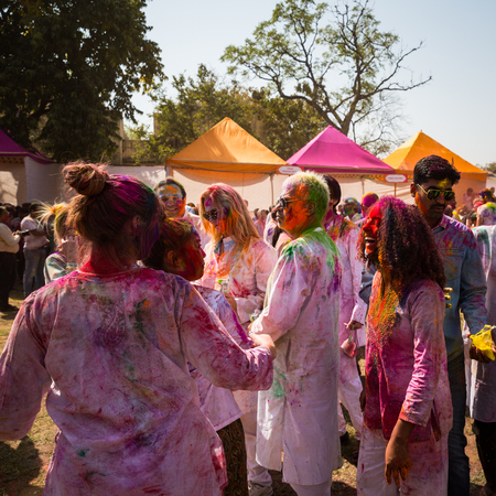 AGRA, INDIA-MARCH 2: Holi celebration on March 2, 2018 in Agra, India. People at celebration of Holiのeditorial素材