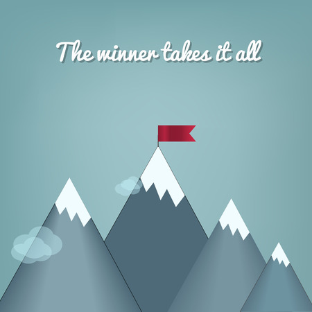Flat design modern vector illustration concept with copy space of flag on the mountain peak, meaning overcoming difficulties, goal achievement, winning strategy with focus on results.のイラスト素材