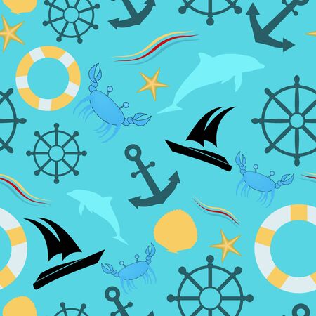 Seamless pattern with nautical sea elements. In a cute child style. With boat and yacht .のイラスト素材