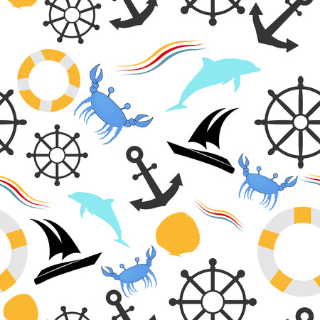 Seamless pattern with nautical sea elements. In a cute child style. With boat and yacht .のイラスト素材