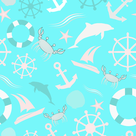 Seamless pattern with nautical sea elements. In a cute child style. With boat and yacht .のイラスト素材