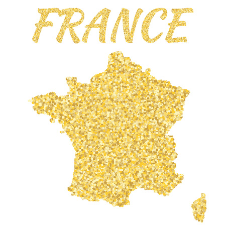 Map of France in golden. With gold yellow particles and dots. Glitter background.のイラスト素材