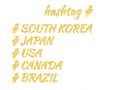 Set of five countries lettering in a golden sand style: South Korea, Japan, USA, Canada, Brazil. Isolated on white.のイラスト素材