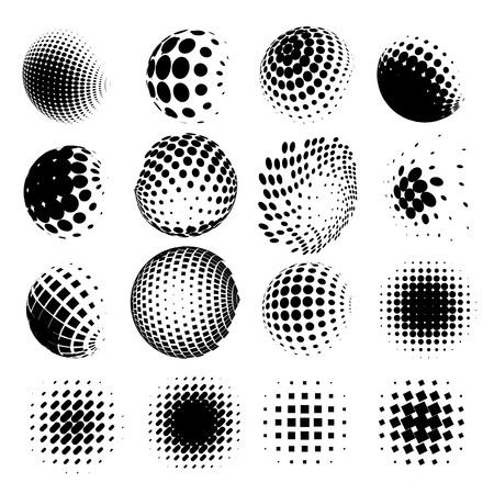 Collection of halftone dot sphere vector set. Abstract globe symbol, isolated round icon, business concept .You can use science and technology, tourism, global financial or environmental background.のイラスト素材