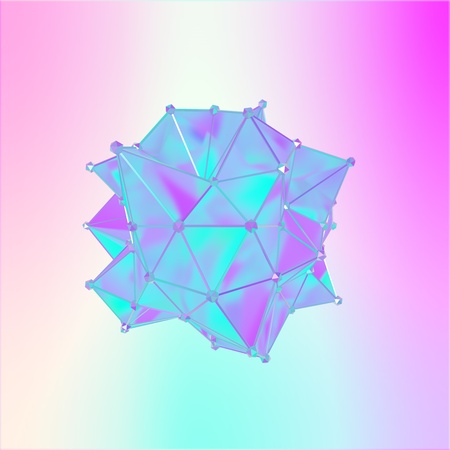 Illustration of a shape metamorphosis of a polygonal semi transparent model. Multicolor 3D illustration of a polygonal 3D blot. Blue, cyan and violet colorsの写真素材